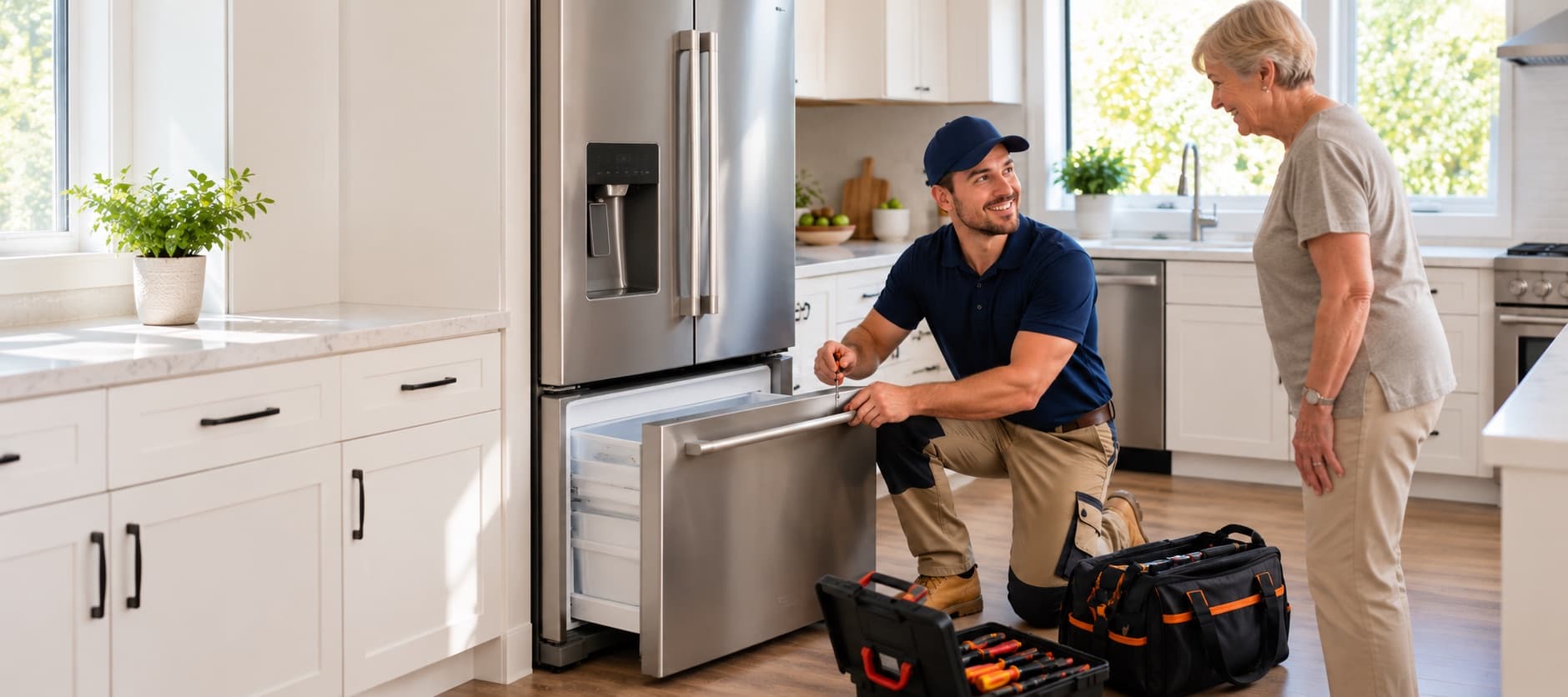 Technician repairing a refrigerator in a customer's kitchen